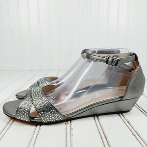 Women’s Silver Ankle-Strap Wedge Sandals with Embellished Crisscross